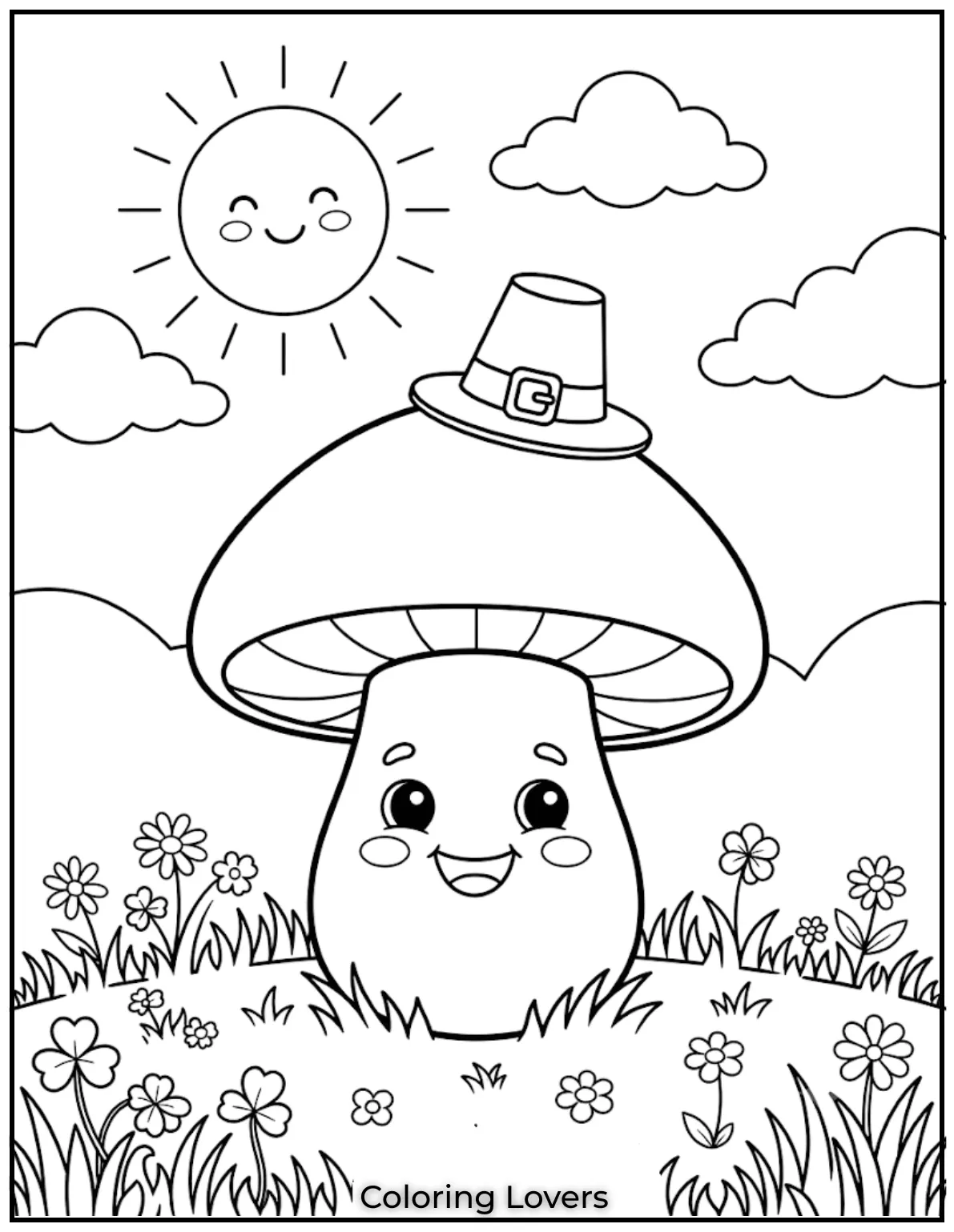 Amazing Mushroom Coloring Pages Kids Will Absolutely Love 5 Warm sunshine shines above friendly mushrooms, creating an uplifting scene perfect for relaxing creative coloring every afternoon.