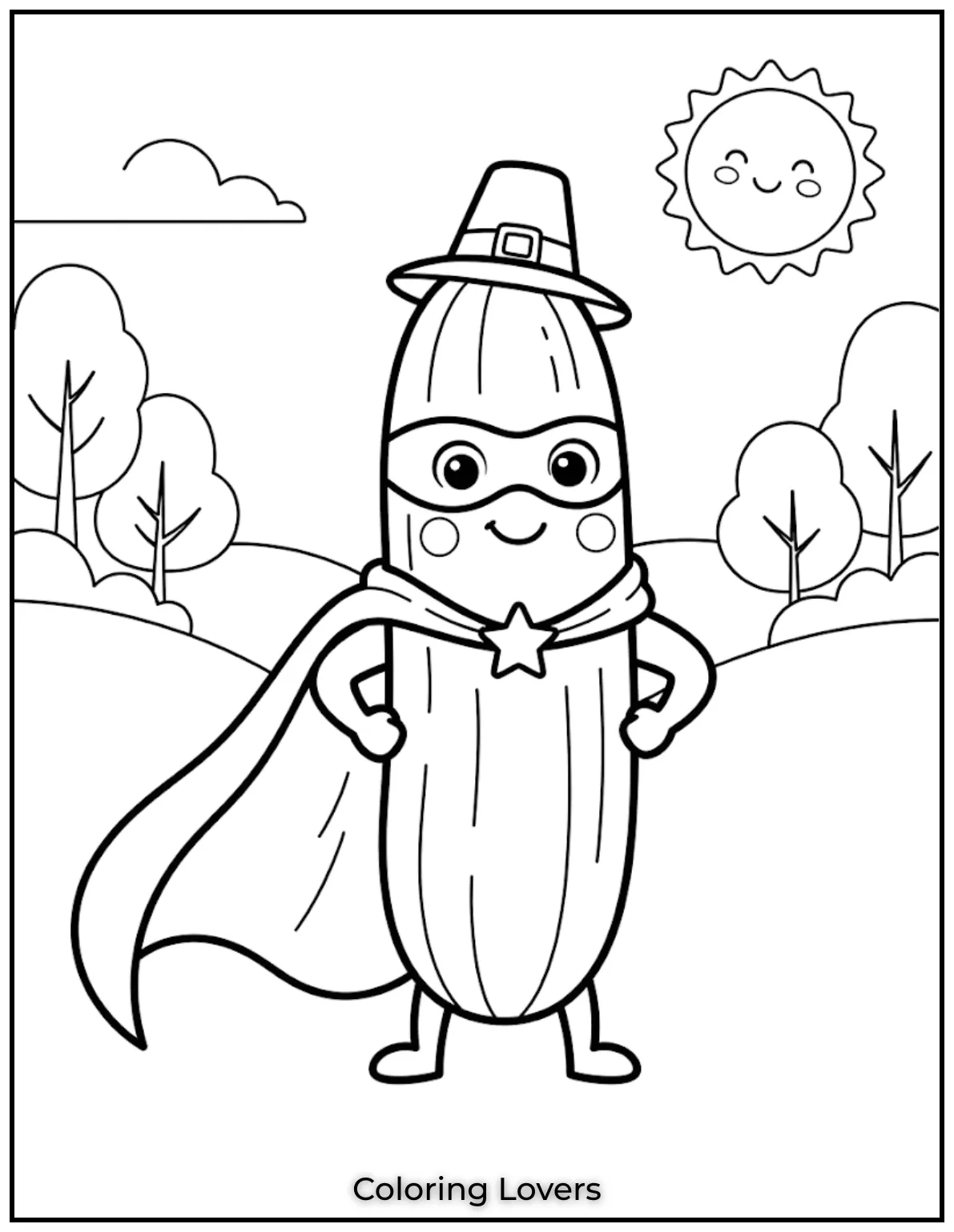 The Funniest Cucumber Coloring Pages You Need Today 7 A fearless cucumber wearing a flowing cape inspires imaginative adventures through bold printable outlines and playful action scenes.
