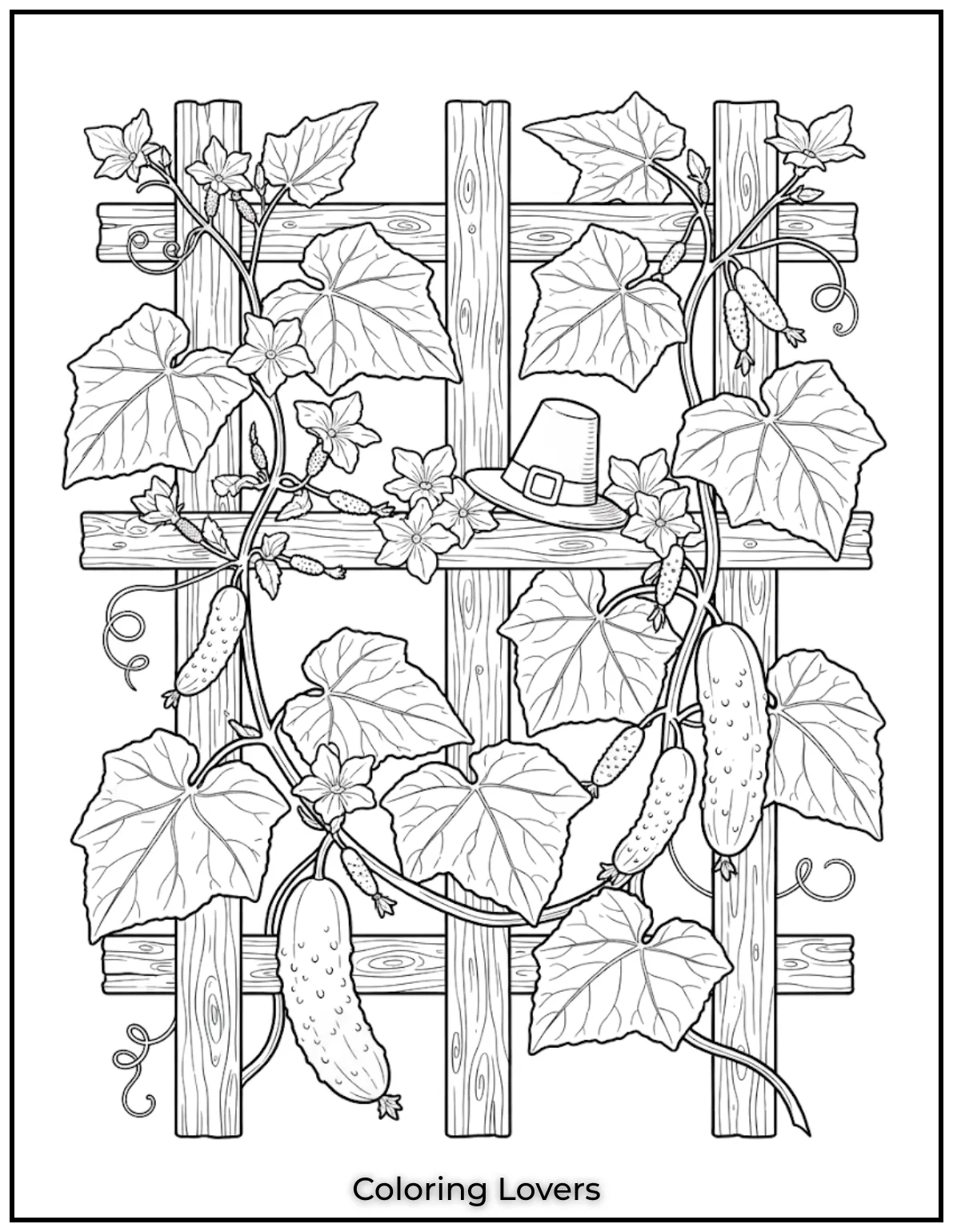 The Funniest Cucumber Coloring Pages You Need Today 16 Climbing vines wrap naturally around wooden supports, offering satisfying details without becoming overwhelming for mindful coloring enthusiasts.